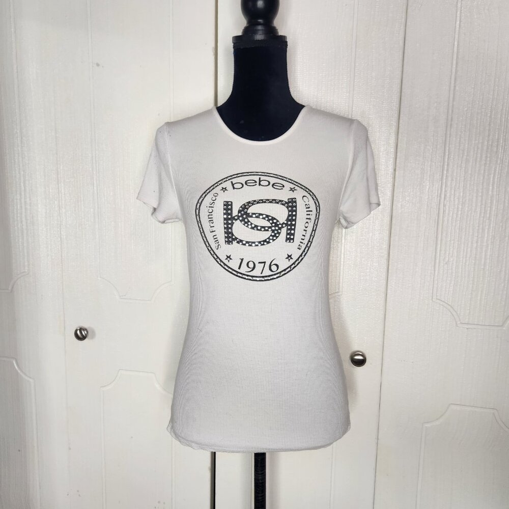 Bebe Y2K White Rhinestone Iconic Logo Ribbed Top - Picture 2 of 9